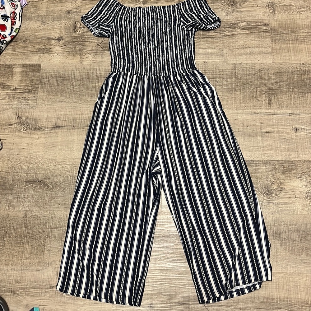 Navy blue and white romper with pockets